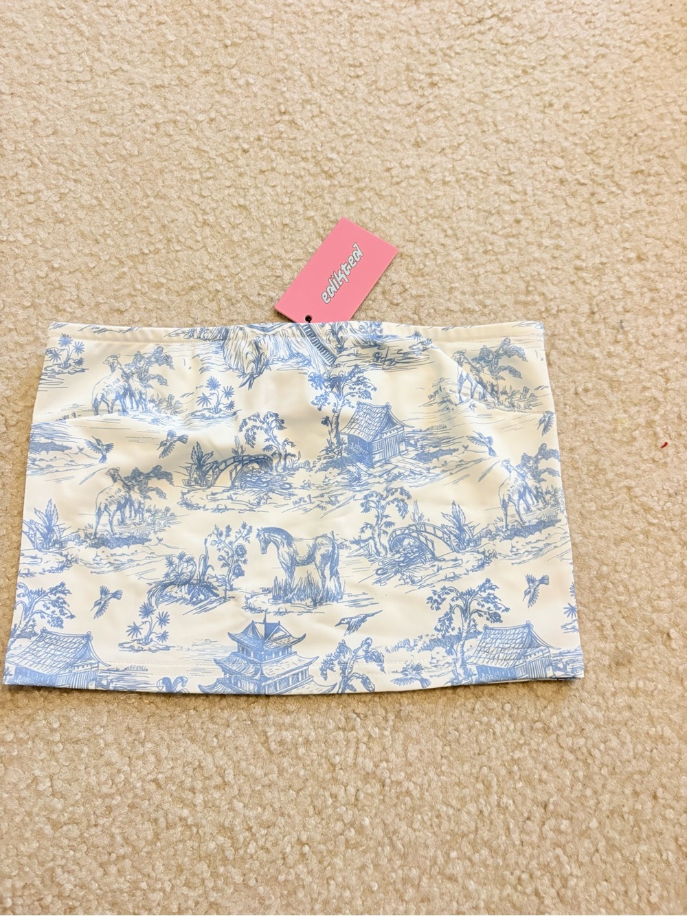 Edikted Blue Toile Print Cream Crop Top